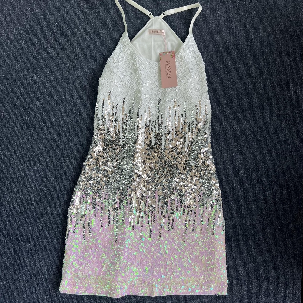MANER Dress Womens Medium Multicolor Sequin Bodycon High Neck Strappy Mini Party
